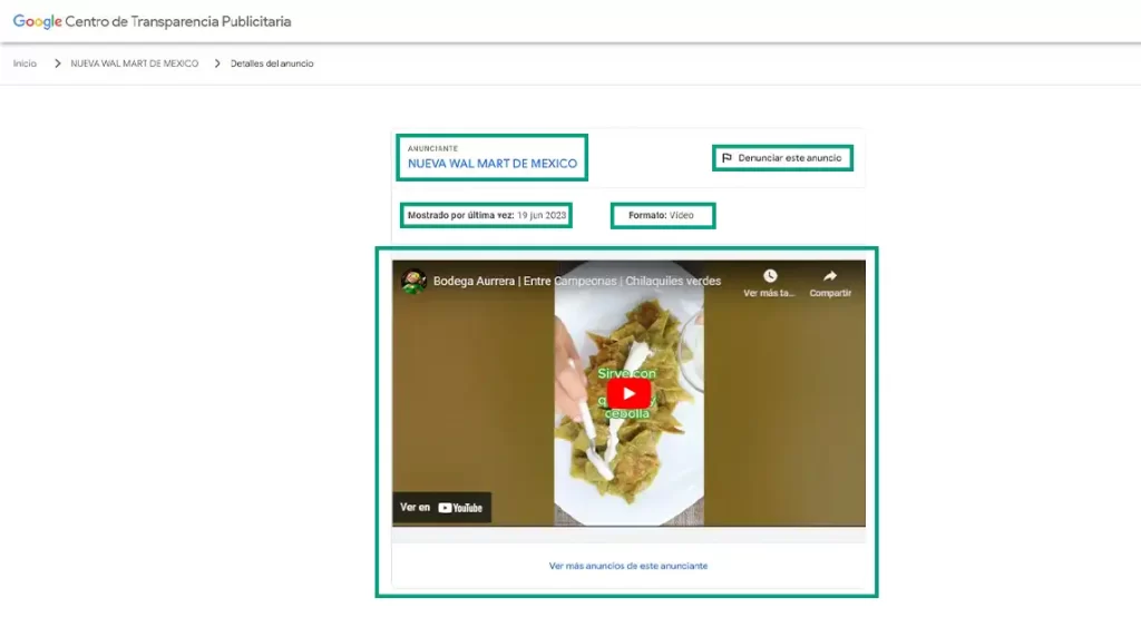 Ejemplo del centro de transparencia publicitaria de google ads ejemplo de marketing digital